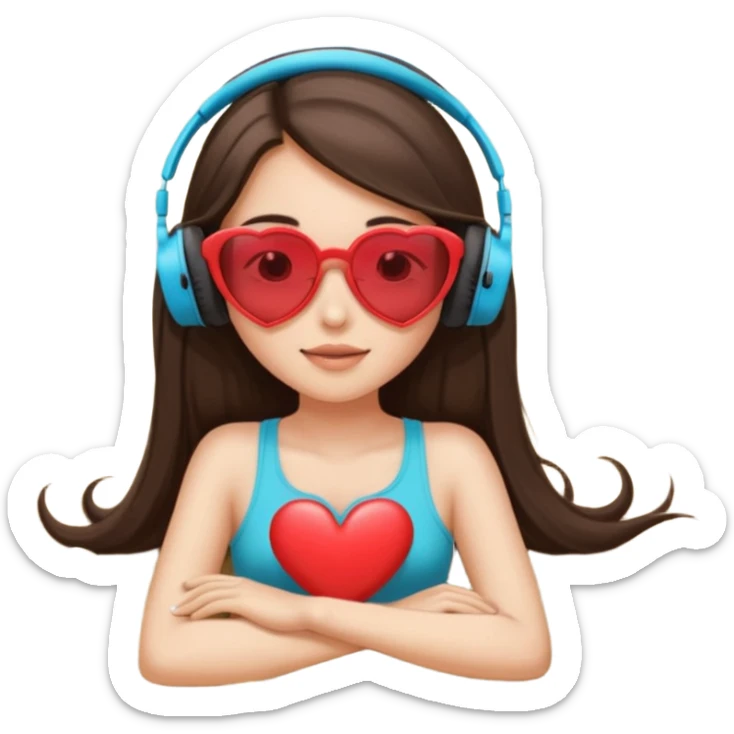 brunette girl with long straight hair lying on sand wearing heart-shaped sunglasses and headphones sticker