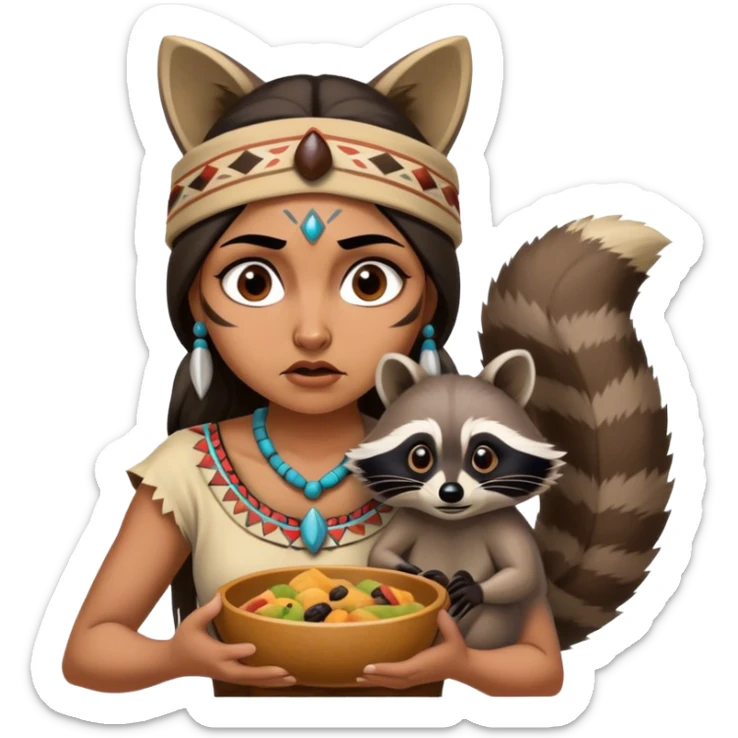 Cinematic Funny Pocahontas Portrait Emoji, Looking bewildered as Meeko steals her food, one brow raised in playful frustration, a warrior princess caught in a hilariously relatable moment, wild yet endearing! sticker