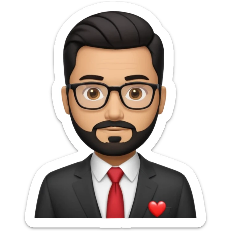 Attractive Hispanic TV host in his mid to late 40s with light brown skin, short straight black hair slicked back with fade on sides, heart handsome face with strong jawline, friendly approachable expression, black beard, wearing glasses sticker