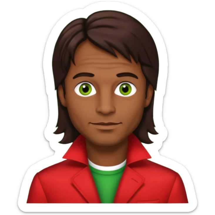 Robert Pilatus, German Singer (1964-1998) with medium dark skin, long dark brown hair, green eyes, red outfit sticker