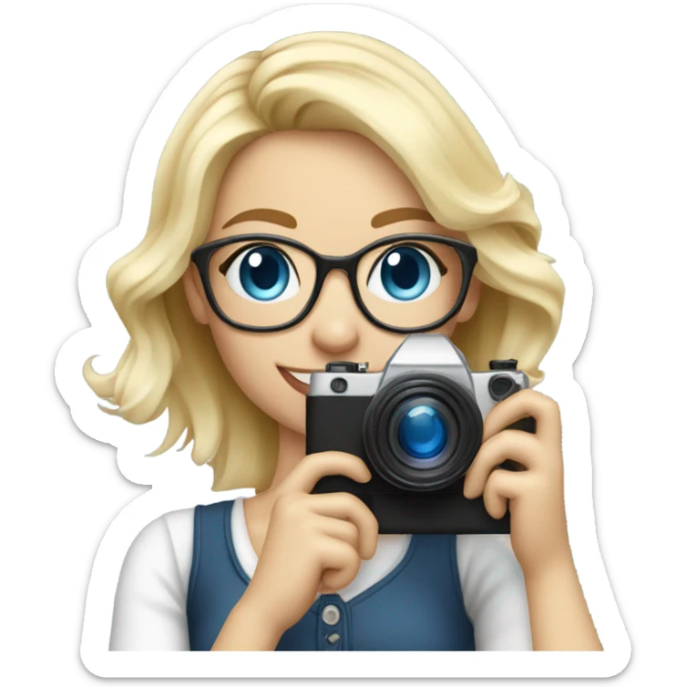 Elegant real blonde girl with glasses smiling blue eyes taking pictures with a camera  sticker