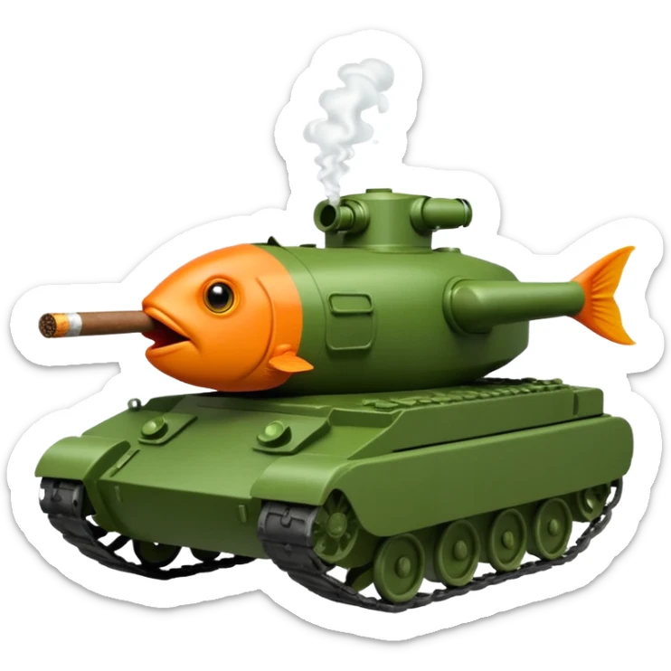 goldfish in the hatch of a green military tank, puffing a cigar, iOS emoji style sticker
