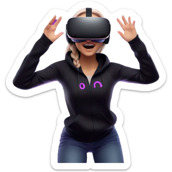 Russian girl wearing black hoody with violet letters "OMG", in vr headset oculus quest2. jumping. Cyberpunk style. Violet neon. sticker
