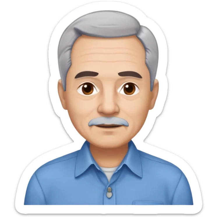 Older Hispanic man in his 60s with light skin, round face, wide jaw, broad cheekbones. Expressive dark brown eyes, thick eyebrows. Short gray/white hair with receding hairline. Well-shaved. Friendly expression. Wearing a button-down shirt in blue. sticker