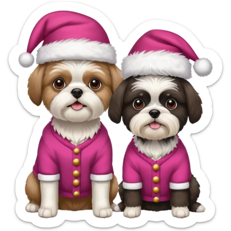 two dogs one little white all over shih tzu dog with pink santa hat and one bigger mostly white with black havanese dog wearing red christmas sweater and red christmas hat sticker