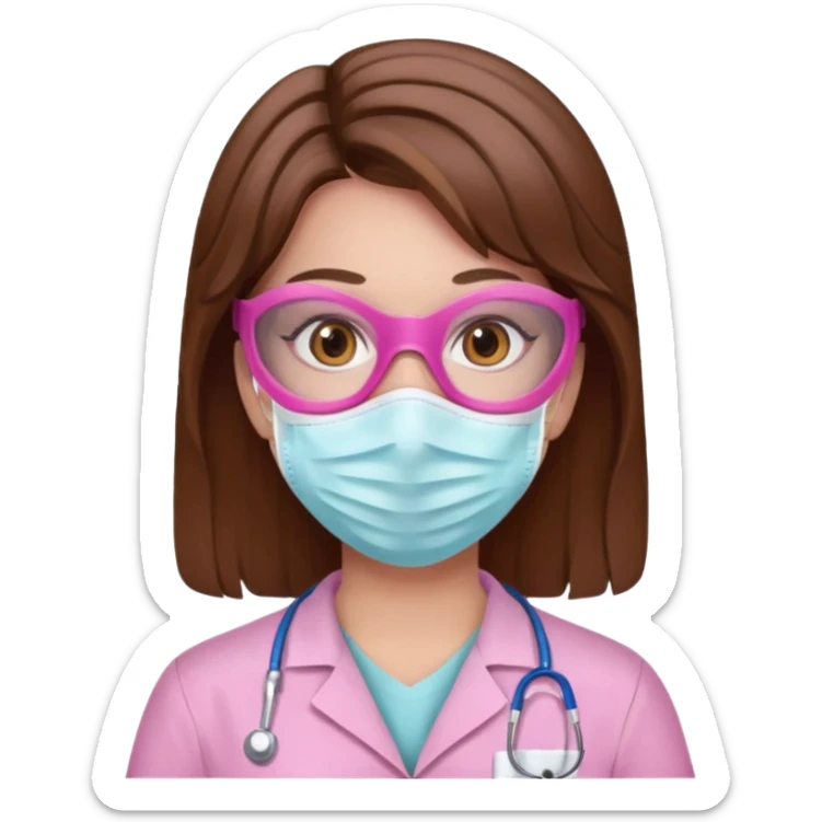 Dentista mujer con mascarilla rosada, cabello marron, piel blanca, camisa rosada, ojos marrones, sin lentes sticker