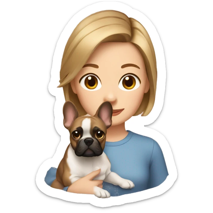 Girl with short light brown hair with a frenchie dog sticker
