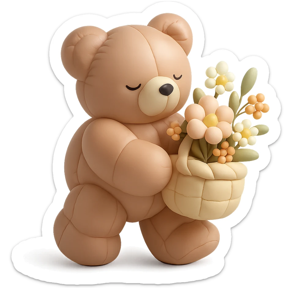 bear carrying a basket of wildflowers, soft pastel brown and cream, cushion style sticker