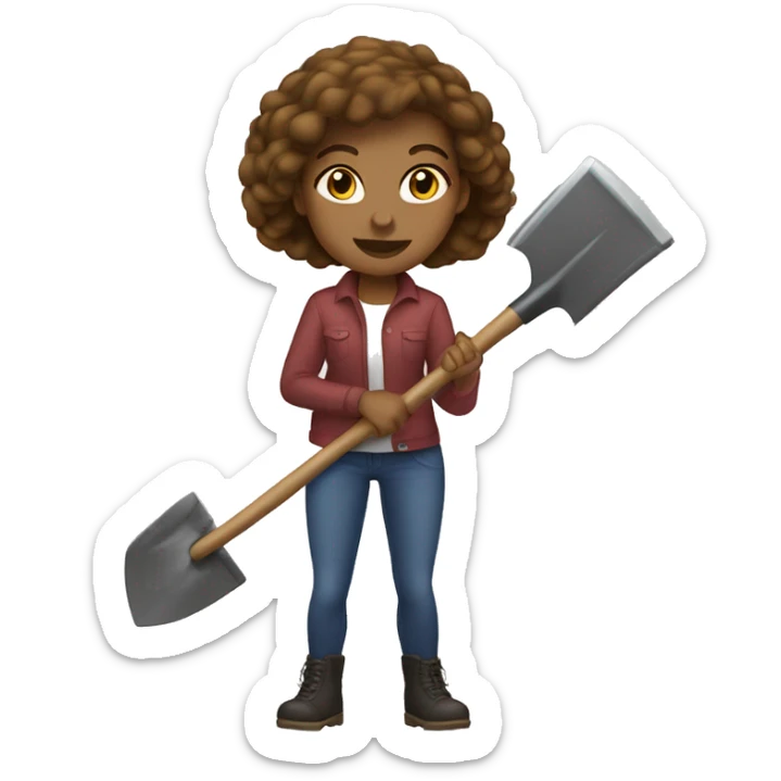 Woman light skin brown hair holds a big shovel sticker