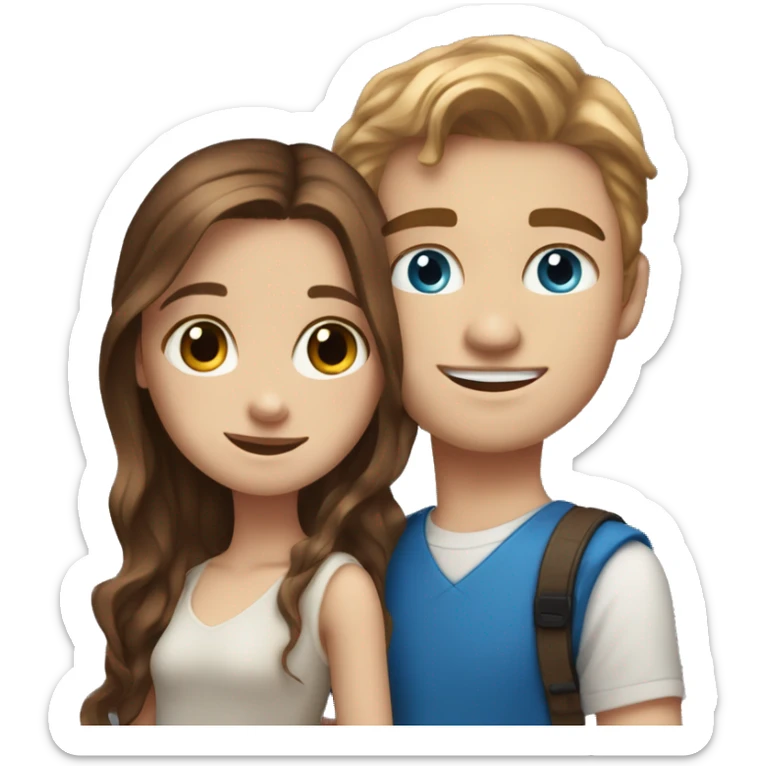 Realistic white girl with long brown hair and white boy with brown hair and blue eyes hugging  sticker