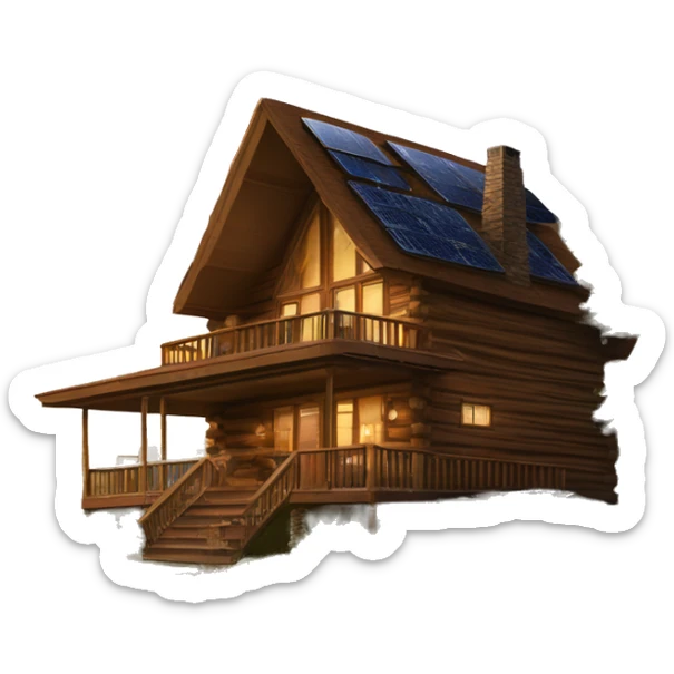 Skywalker Cabin is a very Very big Wood Cabin near tree on the mountain in the background. The cabin is 5 stories tall with extensive solar arrays on top. The cabin sits on thick grass fields. porch lights on ,guests on porch smoking ,flowers and bushes  sticker