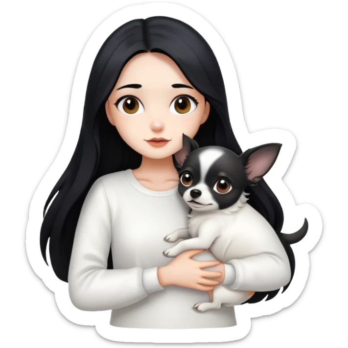 Fair skin girl - long black hair - white clothes - hugging a black chihuahua sticker