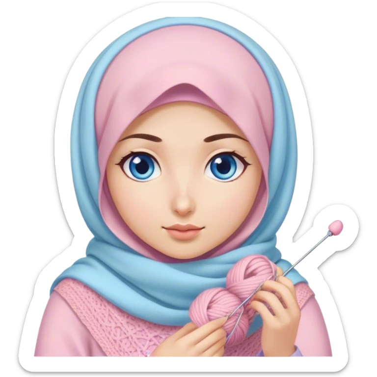 Turkish beautiful finish Konya girl blue eyes with pastel sakura hijab does knitting  sticker