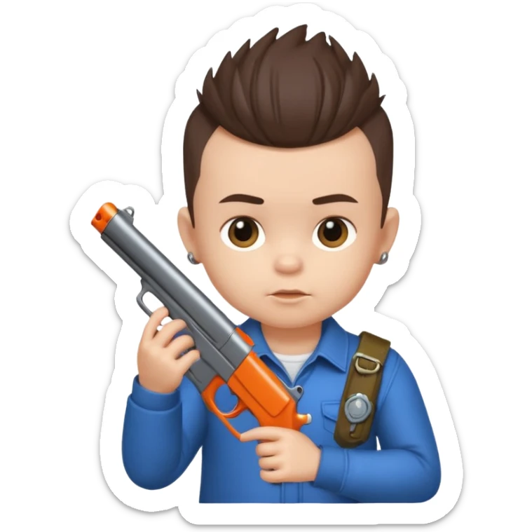 Brunette male baby with Mohawk hair and gun sticker
