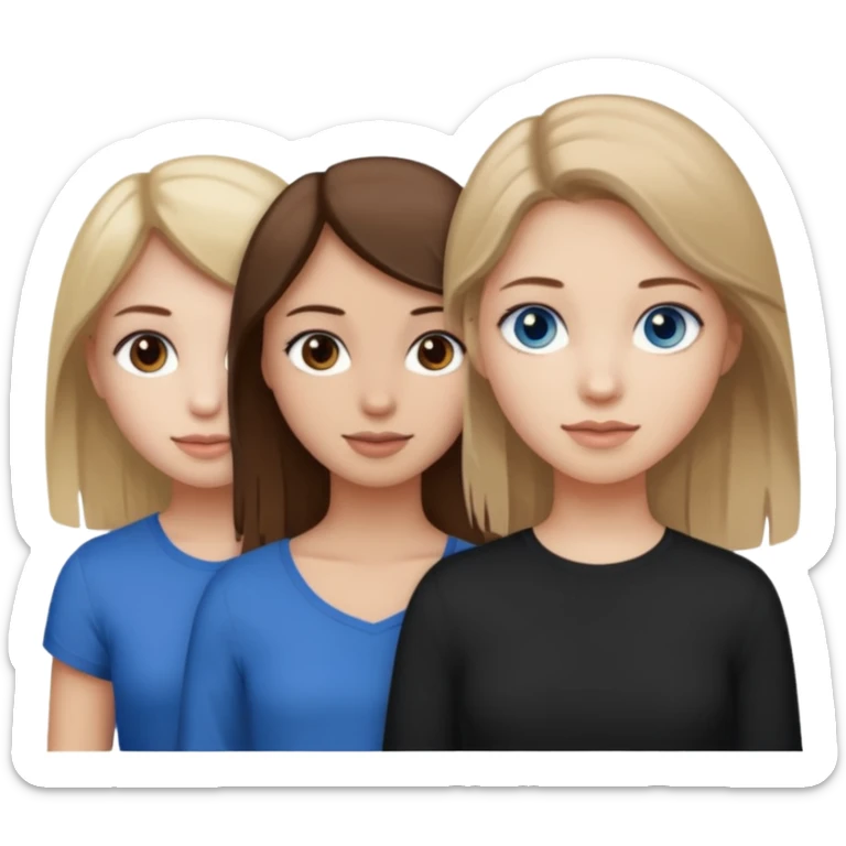 three people who are friends and the features are as follows: one girl who is white, has brown hair and brown eyes; one girl who is dirty blonde with blue eyes; one girl who is tan with dark brown hair and dark brown eyes sticker