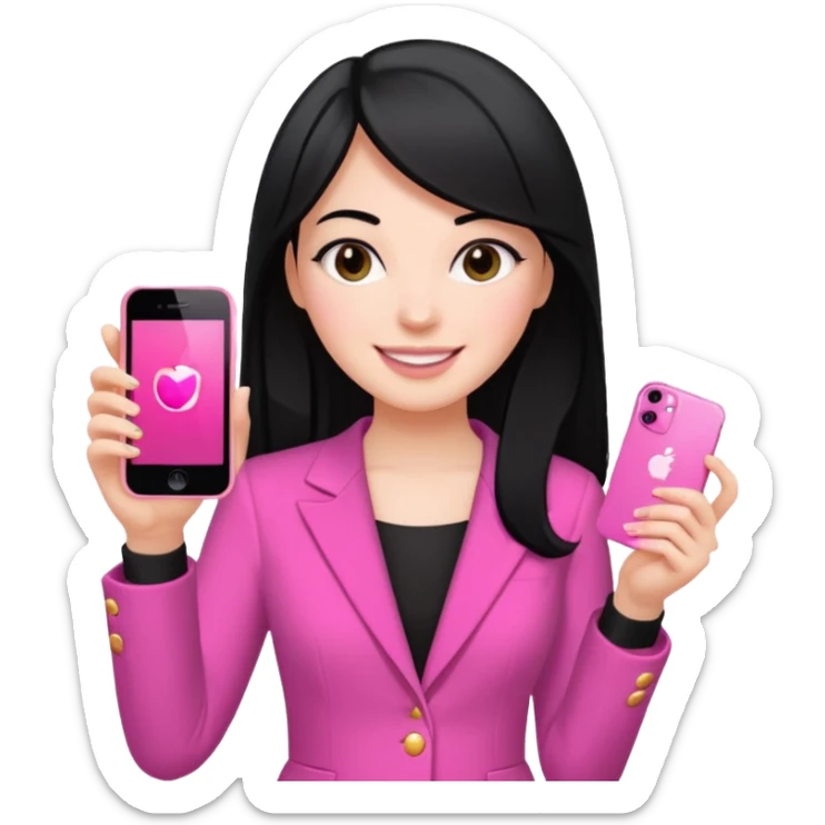 chica blanca con pelo negro liso sosteniendo con una sola mano un celula iphone 13 rosa, con vestimenta d salir de fiesta sticker