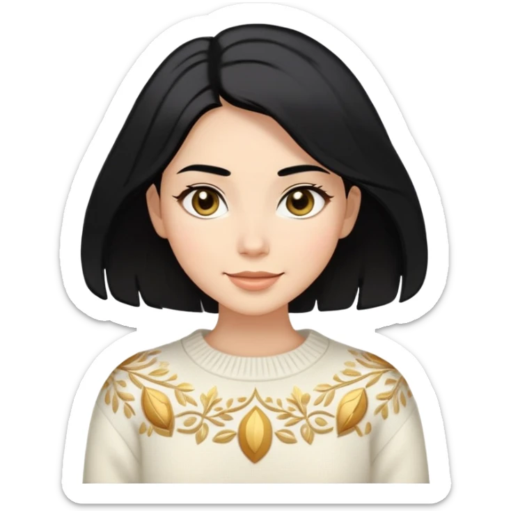 A woman with shoulder-length black hair, light to medium skin tone, full cheeks, and almond-shaped eyes, wearing a white sweater with gold design, lying comfortably on a bed with soft lighting, joyful and radiant expression. sticker