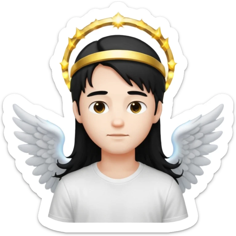 angelic boy with long black hair, white t-shirt, glowing halo sticker