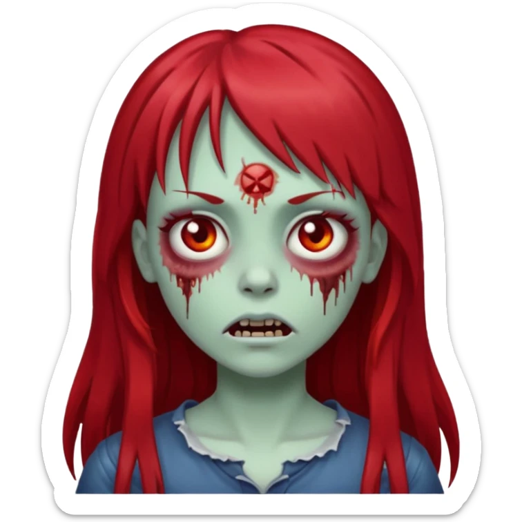 zombie girl, with dark, long red hair and bangs on forehead. Emoji in iOs style. sticker