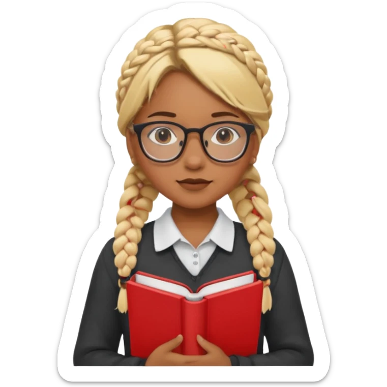 A student, girl, brown skin, braid blonde hair, wearing glasses, hold red book in front of their chest sticker