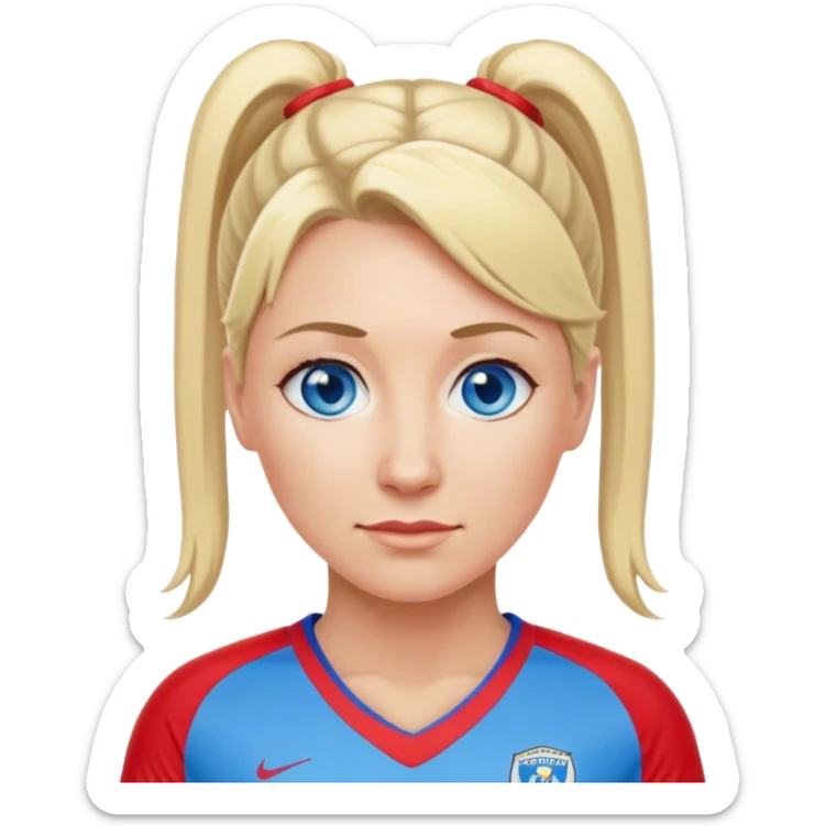 Middle aged woman blue eyes and blonde ponytail playing soccer red jersey sticker