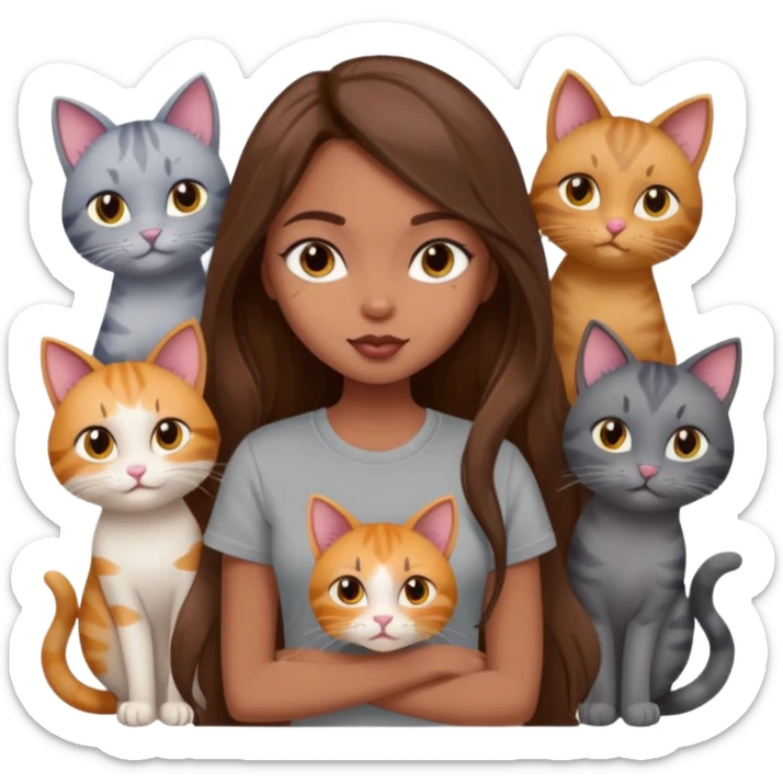 a pretty bratz dusky girl with long brown hair with six cats nd wearing a grey tshirt sticker
