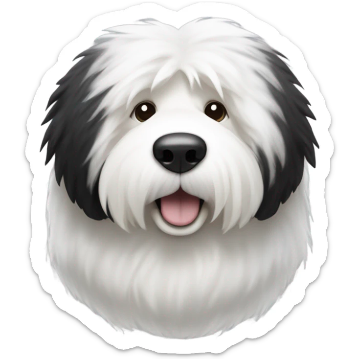 Old English sheepdog with a half and half face like a black (right side) and white (left side) cookie sticker