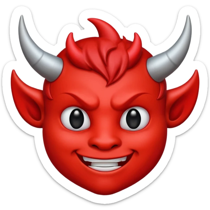 CARTOON STYLE EMOJI of a RED DEVIL FACE with small HORNS pointing up, BLACK EYES, and a MISCHIEVOUS SMILE. The entire face is RED with a smooth glossy texture. BACKGROUND is PURE WHITE, clean and simple. sticker