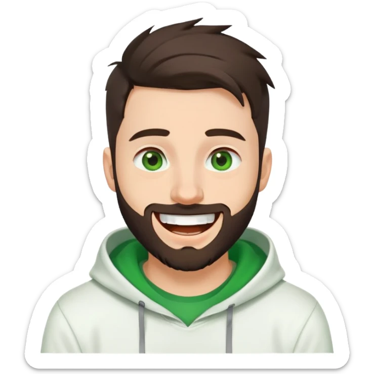 laughing guy with white hoodie, green t-shirt underneath, green eyes, dark brown undercut hairstyle and a short full beard sticker