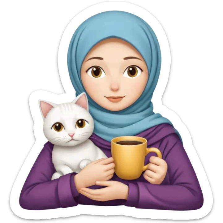 hijap bayan elinde kahve ve battaniyesi ve kucagında beyaz kedi sticker