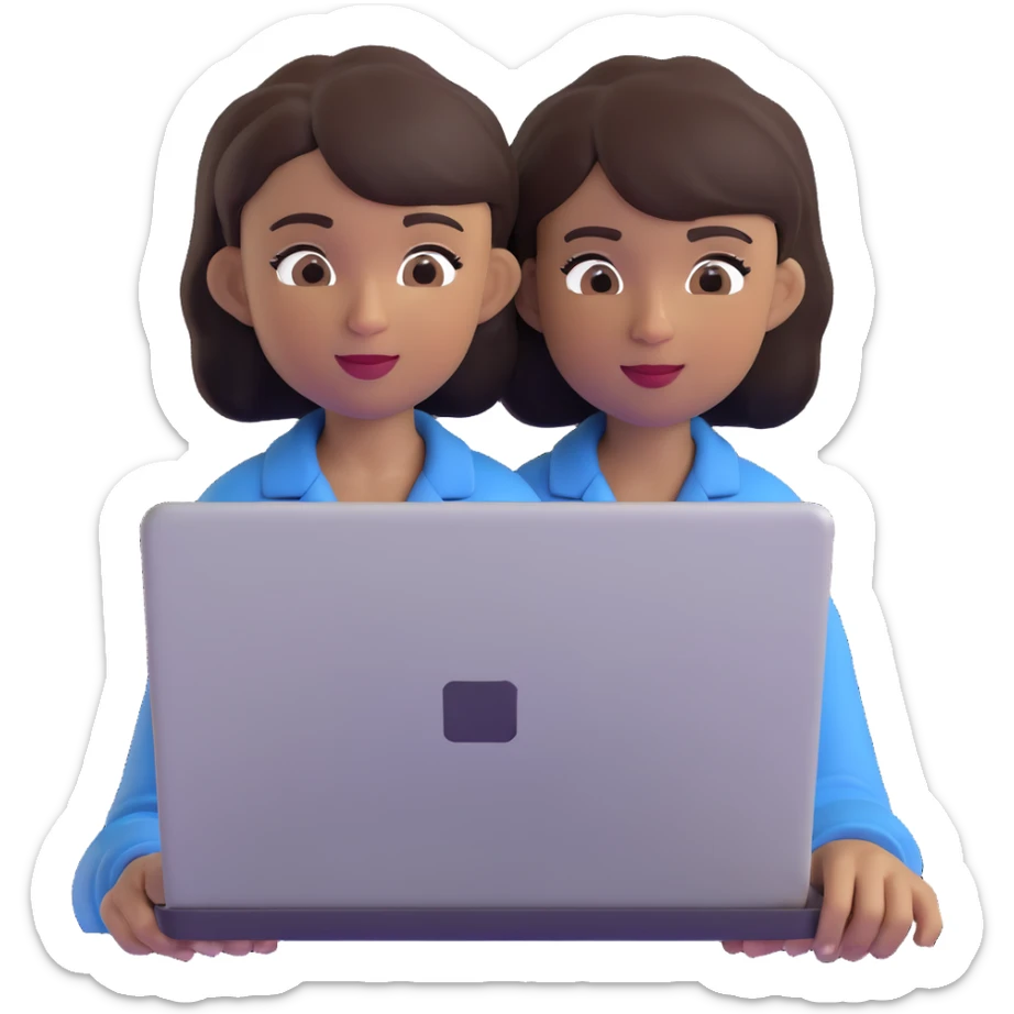 memoji-style girl with dark complexion and short dark hair, working on a laptop, expressive and playful sticker