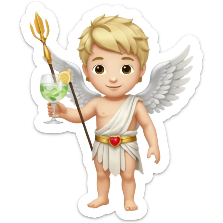 Cupid (with wings) with his arrow in his right hand, mixing a glass of Gin Tonic in his left hand sticker