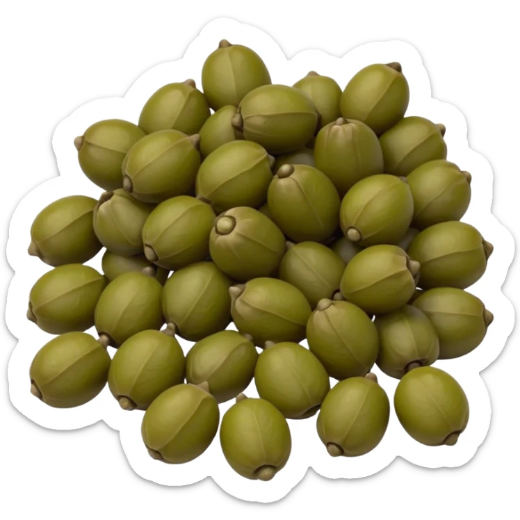 small pile of capers, olive green and muted brown, slightly wrinkled, some with tiny stems, matte to lightly glossy, brined appearance, no extras, soft lighting, emoji scale sticker