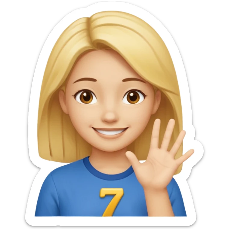 yellow smiling face girl with one hand flat under chin. With the number 6 on the left hand and the number 7 on the right hand sticker