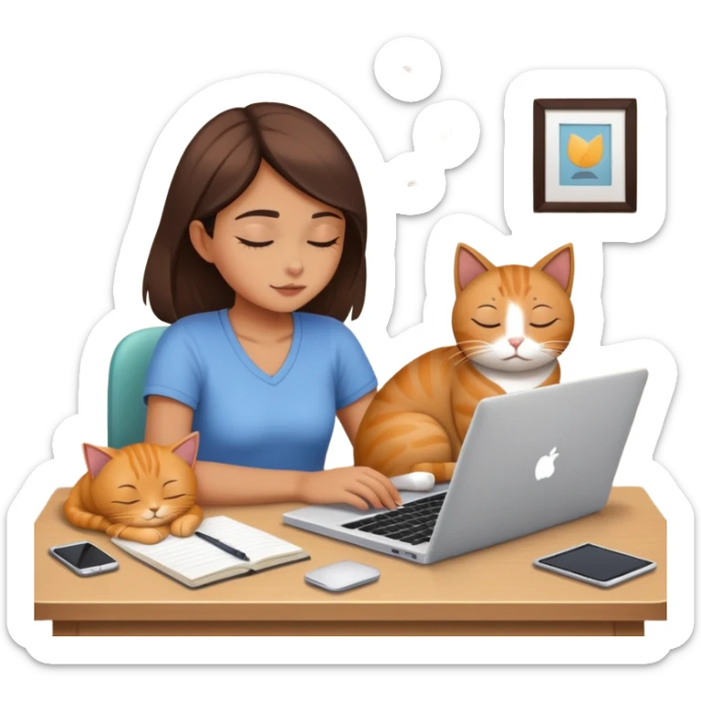 A girl is working hard in front of her laptop, and a cat is sleeping next to it sticker