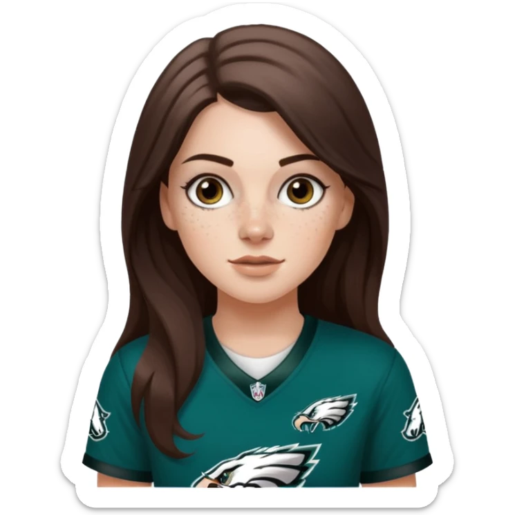 White girl with long dark medium brown hair and freckles wearring a Philadelphia eagles jersey sticker