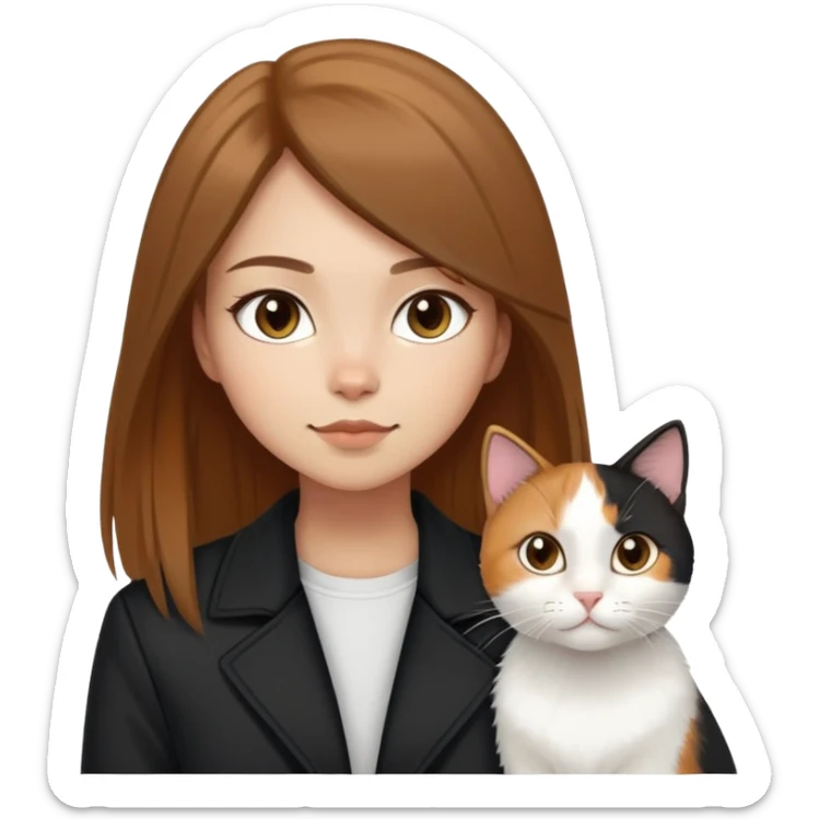 Light-skinned girl with brown straight hair wearing a black jacket, along with one pure white cat and one calico cat sticker