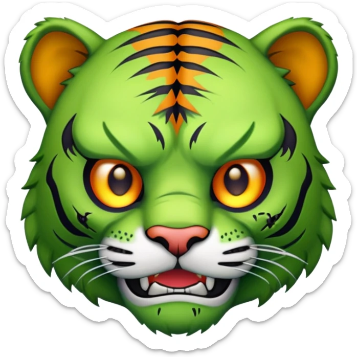 zombie tiger face with green skin and stitches for Twitch emote sticker