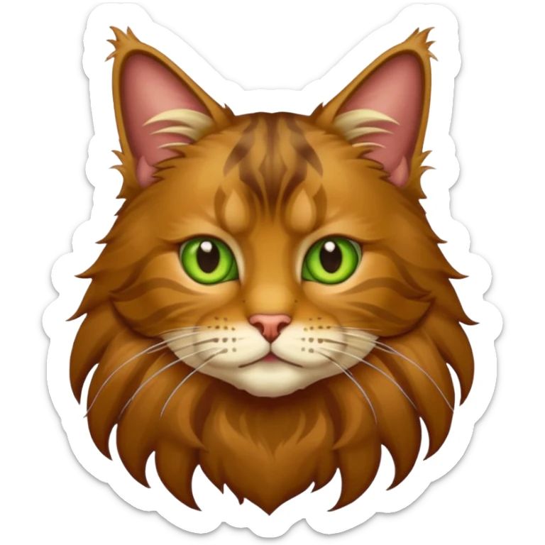 je veux un emoji chat main coon marron à poil long avec les yeux vert jaunes  sticker