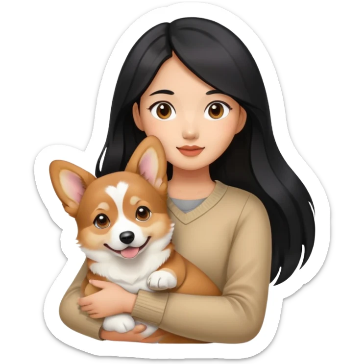 Asian girl with long black hair holding her corgi sable color sticker