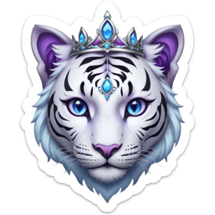 ESO Female white/black tiger khajiit leader of the umbral rose, glowing blue eyes, glowing blue 'third eye' gem; beautiful purple gemmed silver tiara sticker