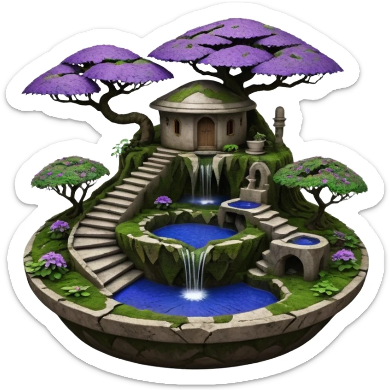 Alien saucer house jungle-vines uneven stairway fountain mountain-island landscape antique mudman very old broken cracked intricate Stone Age lapis-crusted irregular dodecagon-shaped shallow dark moss rough bark violet serissa flowered maple tree bonsai pot sticker