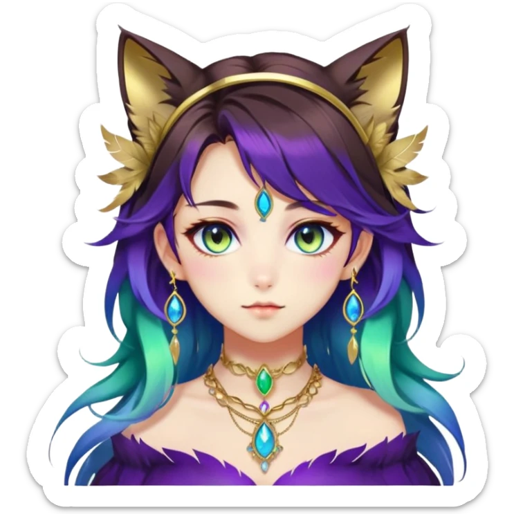 Beautiful gorgeous anime lady with beautiful dark-brown-special-hair, fashion aesthetic, ethereal, violet feather in hair, accessories, gold jewelries, gold, colorful, feline ears, colorful hazel-green-blue-gradient eyes sticker