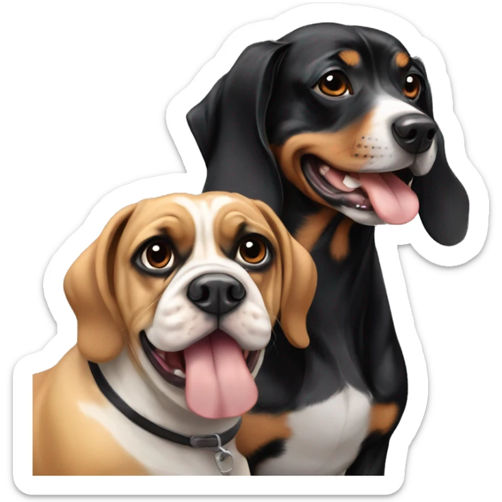 Black and tan long haired weiner dog with a black and white English bulldog sticker