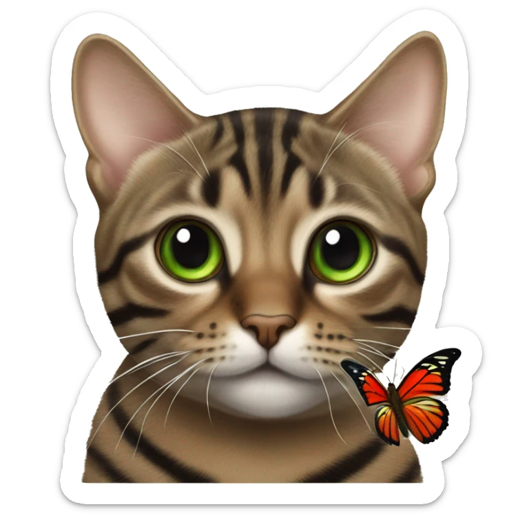 brown tabby cat with black stripes, green eyes, red nose and next to a butterfly  sticker