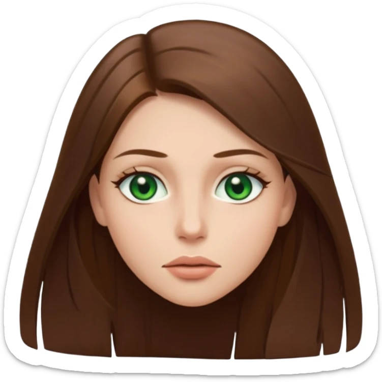 Female face emoji. Straight long brown hair, fair skin, green eyes, neutral expression, closed lips, minimal makeup sticker