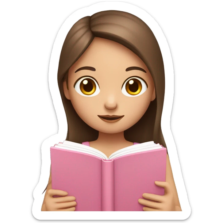 fair-skinned girl with long and straight brown hair holding a baby-pink-colored book sticker