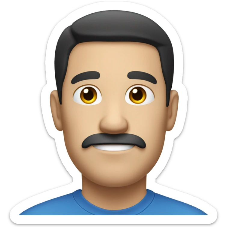white man with black hair, not wavy hair, earing a plain blue t-shirt. Has a slight moustache sticker
