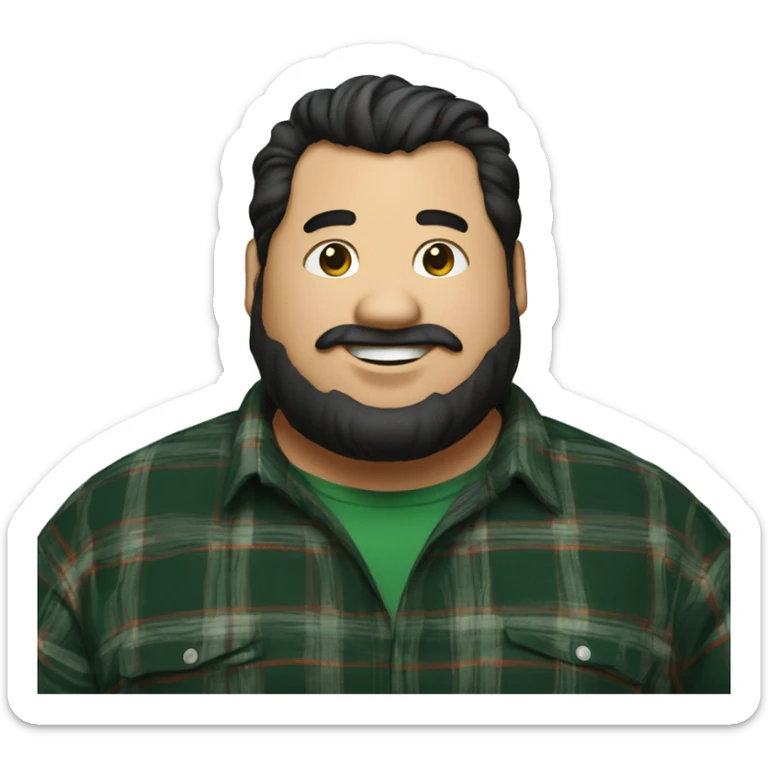 Fat man wearing a darkgreen and black plaid flannel shirt profile picture, happy, black hair sticker