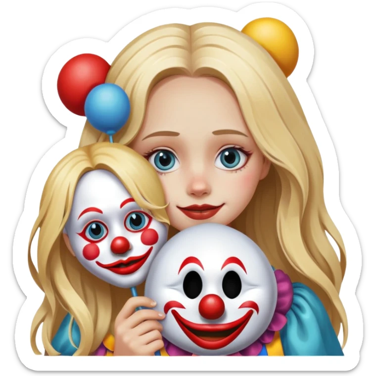 Sad Blonde girl with long hair holding a happy clown mask beside her face isolated  sticker